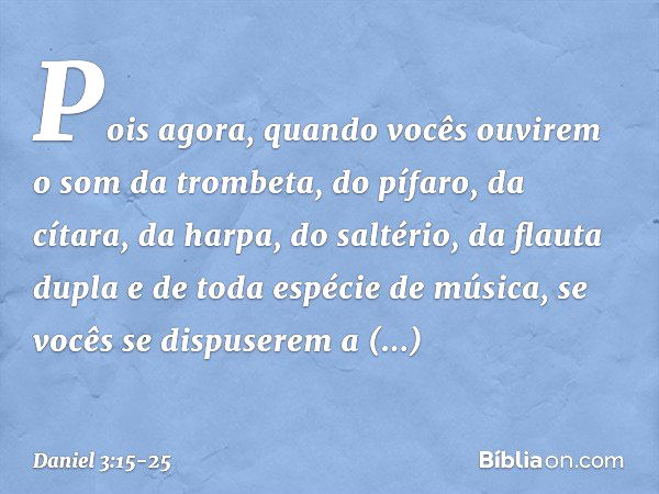 Pois agora, quan­do vocês ouvirem o som da trombeta, do pífaro, da cítara, da harpa, do saltério, da flauta dupla e de toda espécie de música, se vocês se dispu