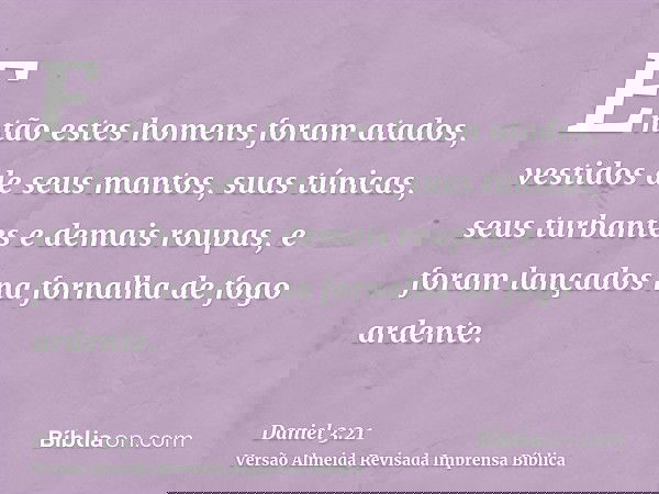 Então estes homens foram atados, vestidos de seus mantos, suas túnicas, seus turbantes e demais roupas, e foram lançados na fornalha de fogo ardente.