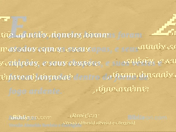 Então, aqueles homens foram atados com as suas capas, e seus calções, e seus chapéus, e suas vestes e foram lançados dentro do forno de fogo ardente.