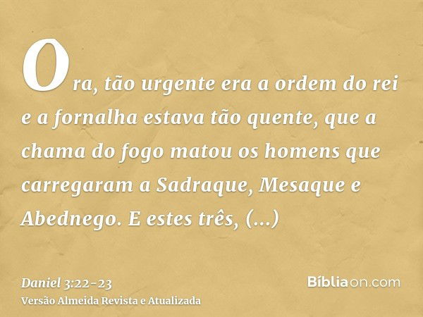 Ora, tão urgente era a ordem do rei e a fornalha estava tão quente, que a chama do fogo matou os homens que carregaram a Sadraque, Mesaque e Abednego.E estes tr