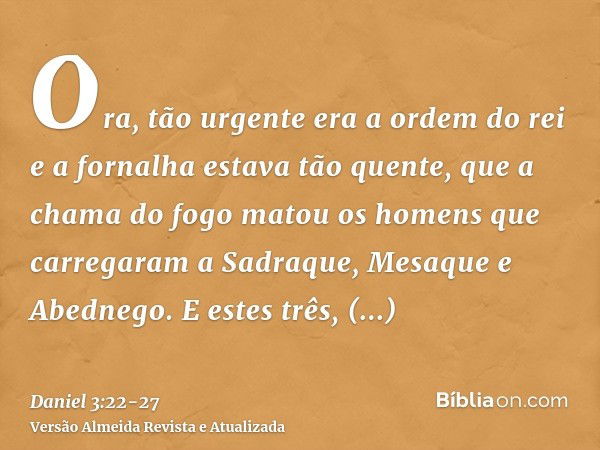 Ora, tão urgente era a ordem do rei e a fornalha estava tão quente, que a chama do fogo matou os homens que carregaram a Sadraque, Mesaque e Abednego.E estes tr