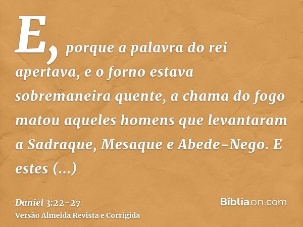 E, porque a palavra do rei apertava, e o forno estava sobremaneira quente, a chama do fogo matou aqueles homens que levantaram a Sadraque, Mesaque e Abede-Nego.