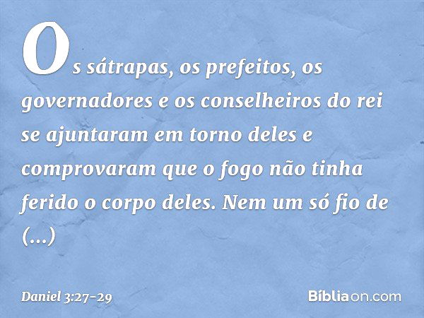 Os sátrapas, os prefeitos, os governadores e os conselheiros do rei se ajunta­ram em torno deles e comprovaram que o fogo não tinha ferido o corpo deles. Nem um