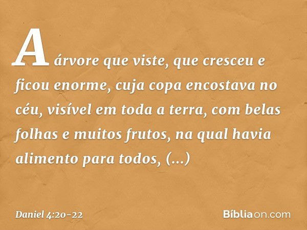 A árvore que viste, que cresceu e ficou enor­me, cuja copa encostava no céu, visível em toda a terra, com belas folhas e muitos frutos, na qual havia alimento p