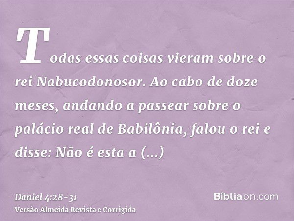 Todas essas coisas vieram sobre o rei Nabucodonosor.Ao cabo de doze meses, andando a passear sobre o palácio real de Babilônia,falou o rei e disse: Não é esta a