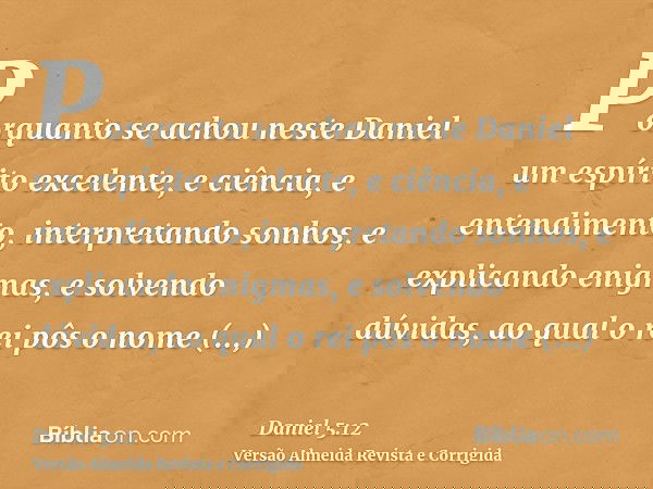 Porquanto se achou neste Daniel um espírito excelente, e ciência, e entendimento, interpretando sonhos, e explicando enigmas, e solvendo dúvidas, ao qual o rei 
