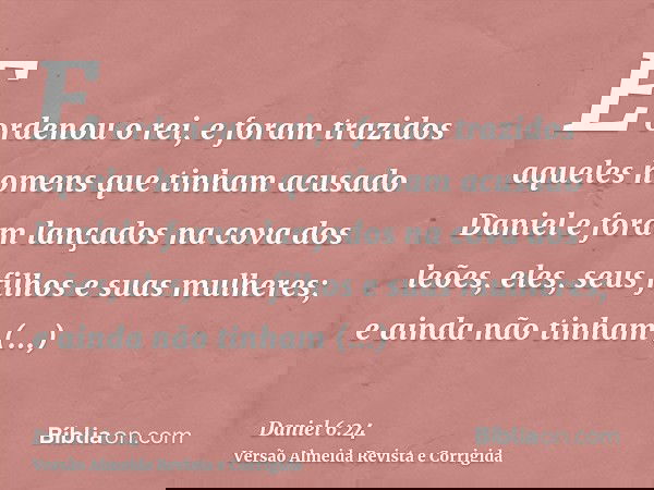 E ordenou o rei, e foram trazidos aqueles homens que tinham acusado Daniel e foram lançados na cova dos leões, eles, seus filhos e suas mulheres; e ainda não ti