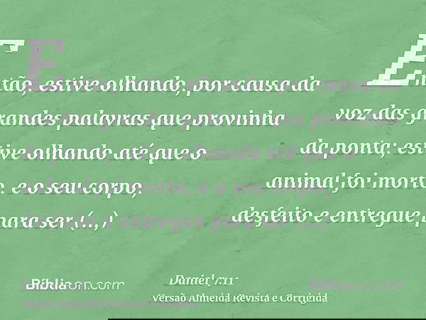 Então, estive olhando, por causa da voz das grandes palavras que provinha da ponta; estive olhando até que o animal foi morto, e o seu corpo, desfeito e entregu