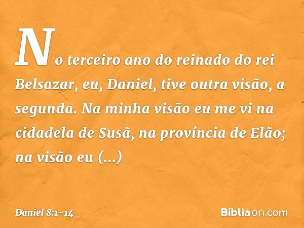 No terceiro ano do reinado do rei Belsa­zar, eu, Daniel, tive outra visão, a segunda. Na minha visão eu me vi na cidadela de Susã, na província de Elão; na visã