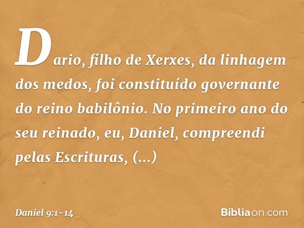 Dario, filho de Xerxes, da linhagem dos medos, foi constituído governante do reino babilônio. No primeiro ano do seu reinado, eu, Daniel, com­preendi pelas Escr