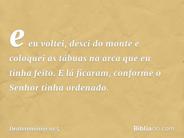 e eu voltei, desci do monte e coloquei as tábuas na arca que eu tinha feito. E lá ficaram, conforme o Senhor tinha ordenado. -- Deuteronômio 10:5