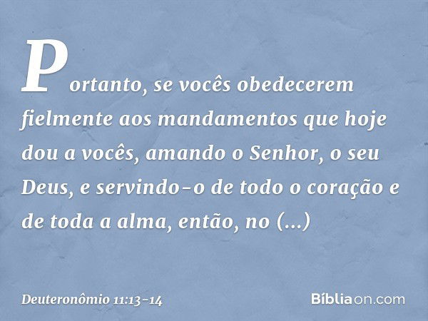 "Portanto, se vocês obedecerem fielmente aos mandamentos que hoje dou a vocês, amando o Senhor, o seu Deus, e servindo-o de todo o coração e de toda a alma, ent