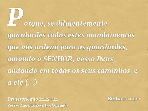 Porque, se diligentemente guardardes todos estes mandamentos que vos ordeno para os guardardes, amando o SENHOR, vosso Deus, andando em todos os seus caminhos, 