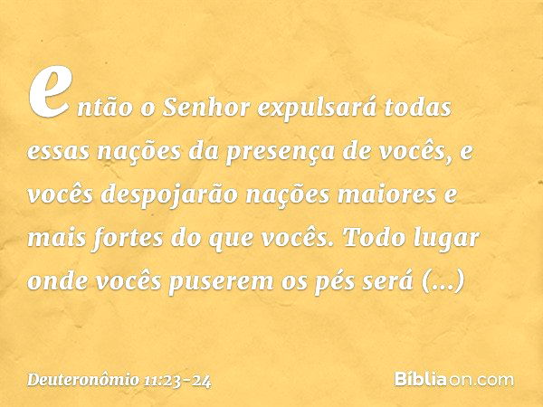 então o Senhor expulsará todas essas nações da presença de vocês, e vocês despojarão nações maiores e mais fortes do que vocês. Todo lugar onde vocês puserem os