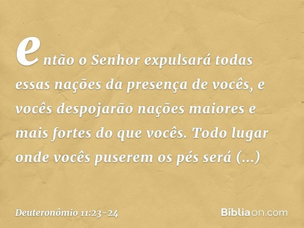 então o Senhor expulsará todas essas nações da presença de vocês, e vocês despojarão nações maiores e mais fortes do que vocês. Todo lugar onde vocês puserem os