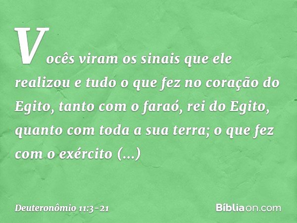 Vocês viram os sinais que ele realizou e tudo o que fez no coração do Egito, tanto com o faraó, rei do Egito, quanto com toda a sua terra; o que fez com o exérc