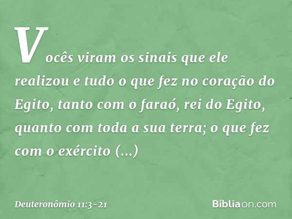 Vocês viram os sinais que ele realizou e tudo o que fez no coração do Egito, tanto com o faraó, rei do Egito, quanto com toda a sua terra; o que fez com o exérc