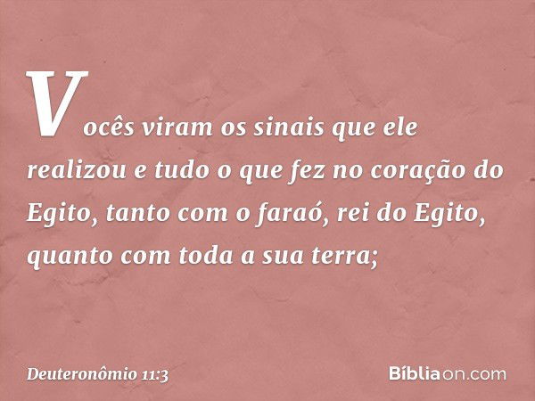 Vocês viram os sinais que ele realizou e tudo o que fez no coração do Egito, tanto com o faraó, rei do Egito, quanto com toda a sua terra; -- Deuteronômio 11:3