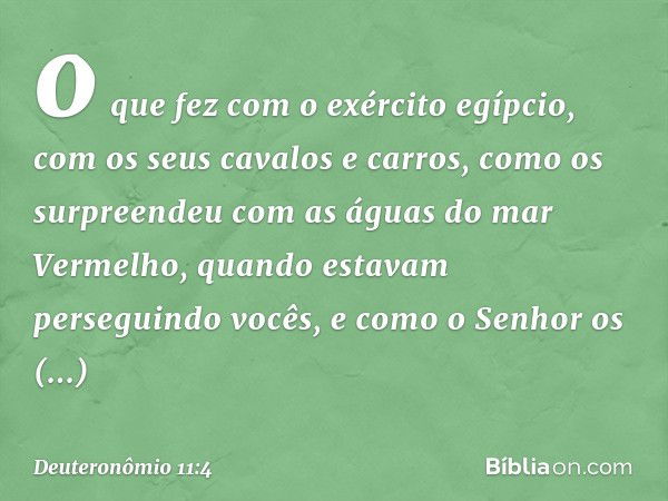 o que fez com o exército egípcio, com os seus cavalos e carros, como os surpreendeu com as águas do mar Vermelho, quando estavam perseguindo vocês, e como o Sen