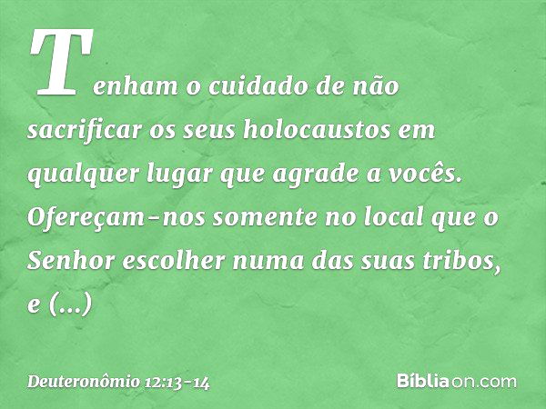 Tenham o cuidado de não sacrificar os seus holocaustos em qualquer lugar que agrade a vocês. Ofereçam-nos somente no local que o Senhor escolher numa das suas t