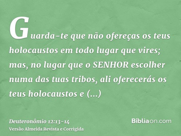 Guarda-te que não ofereças os teus holocaustos em todo lugar que vires;mas, no lugar que o SENHOR escolher numa das tuas tribos, ali oferecerás os teus holocaus