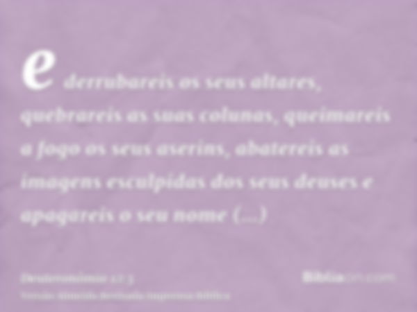 e derrubareis os seus altares, quebrareis as suas colunas, queimareis a fogo os seus aserins, abatereis as imagens esculpidas dos seus deuses e apagareis o seu 