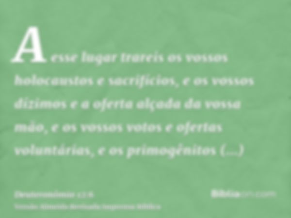 A esse lugar trareis os vossos holocaustos e sacrifícios, e os vossos dízimos e a oferta alçada da vossa mão, e os vossos votos e ofertas voluntárias, e os prim