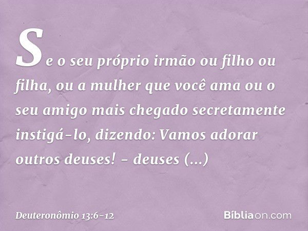 "Se o seu próprio irmão ou filho ou filha, ou a mulher que você ama ou o seu amigo mais chegado secretamente instigá-lo, dizendo: 'Vamos adorar outros deuses!' 