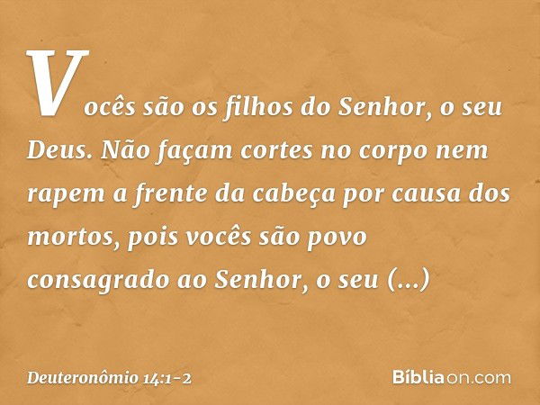 "Vocês são os filhos do Senhor, o seu Deus. Não façam cortes no corpo nem rapem a frente da cabeça por causa dos mortos, pois vocês são povo consagrado ao Senho