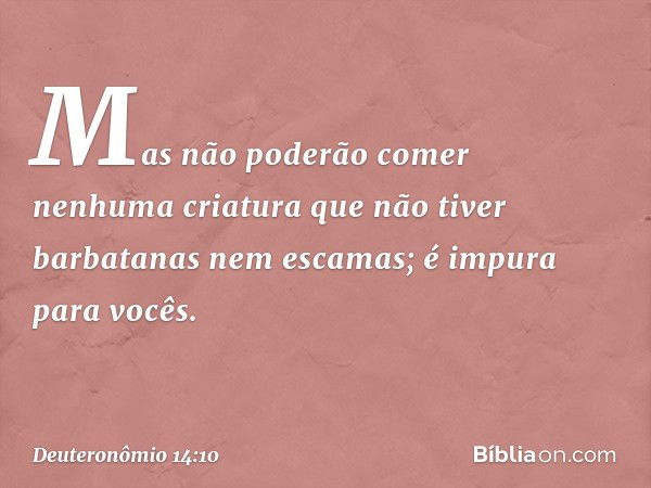 Mas não poderão comer nenhuma criatura que não tiver barbatanas nem escamas; é impura para vocês. -- Deuteronômio 14:10