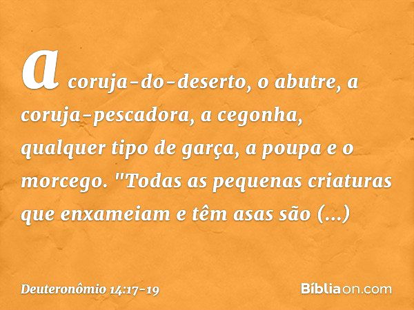 a coruja-do-deserto, o abutre, a coruja-pescadora, a cegonha, qualquer tipo de garça, a poupa e o morcego. "Todas as pequenas criaturas que enxameiam e têm asas