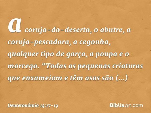 a coruja-do-deserto, o abutre, a coruja-pescadora, a cegonha, qualquer tipo de garça, a poupa e o morcego. "Todas as pequenas criaturas que enxameiam e têm asas