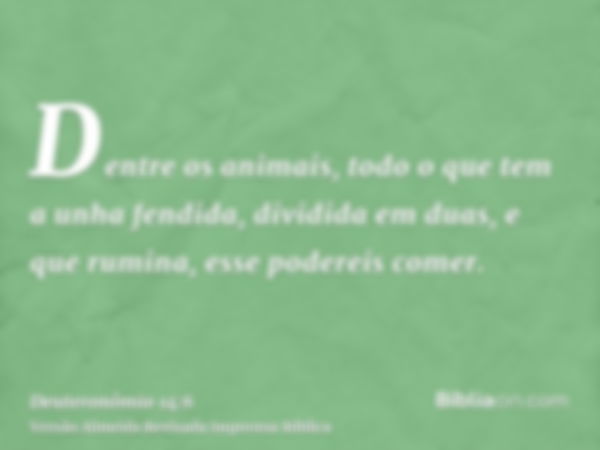 Dentre os animais, todo o que tem a unha fendida, dividida em duas, e que rumina, esse podereis comer.