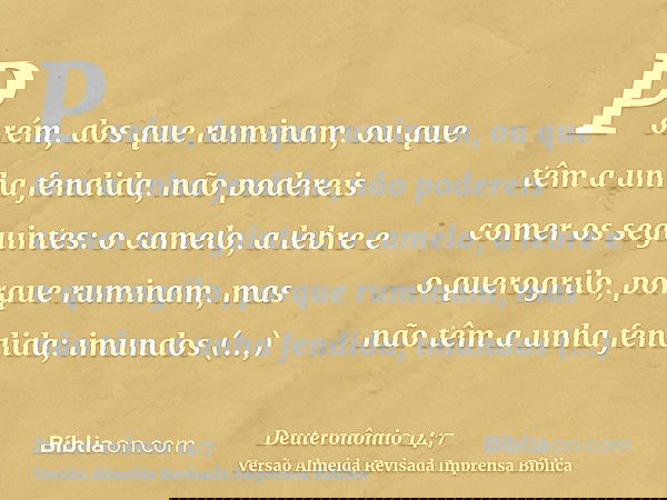 Porém, dos que ruminam, ou que têm a unha fendida, não podereis comer os seguintes: o camelo, a lebre e o querogrilo, porque ruminam, mas não têm a unha fendida
