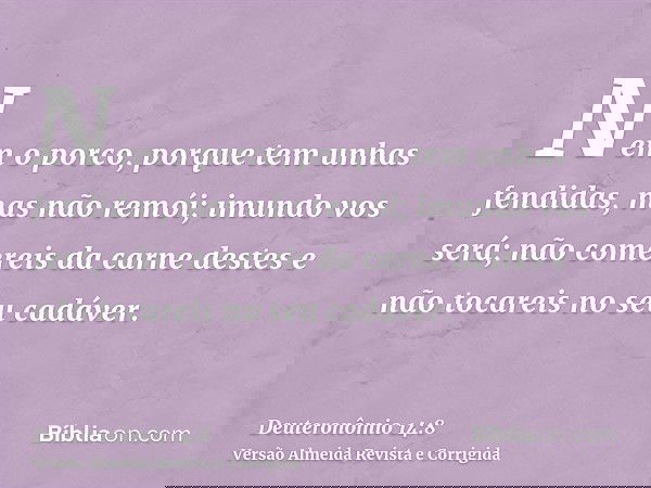 Nem o porco, porque tem unhas fendidas, mas não remói; imundo vos será; não comereis da carne destes e não tocareis no seu cadáver.
