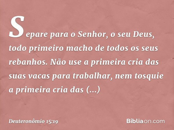 "Separe para o Senhor, o seu Deus, todo primeiro macho de todos os seus rebanhos. Não use a primeira cria das suas vacas para trabalhar, nem tosquie a primeira 