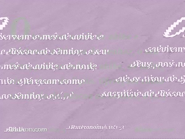 "Observem o mês de abibe e celebrem a Páscoa do Senhor, o seu Deus, pois no mês de abibe, de noite, ele os tirou do Egito. Ofereçam como sacrifício da Páscoa ao