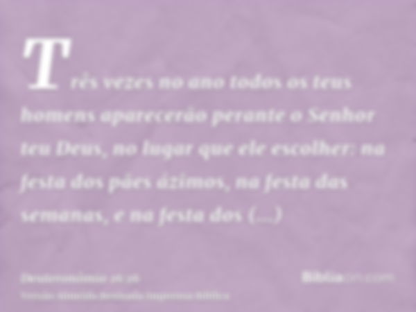 Três vezes no ano todos os teus homens aparecerão perante o Senhor teu Deus, no lugar que ele escolher: na festa dos pães ázimos, na festa das semanas, e na fes