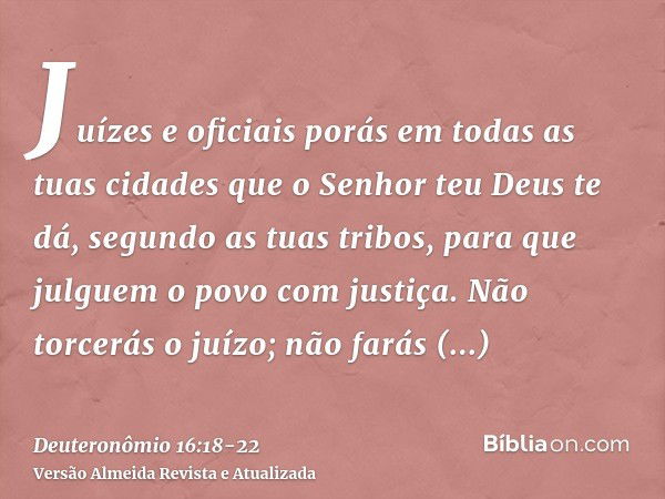 Juízes e oficiais porás em todas as tuas cidades que o Senhor teu Deus te dá, segundo as tuas tribos, para que julguem o povo com justiça.Não torcerás o juízo; 