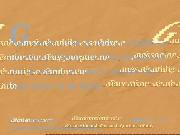 Guarda o mês de abibe, e celebra a páscoa ao Senhor teu Deus; porque no mes de abibe, de noite, o Senhor teu Deus tirou-te do Egito.