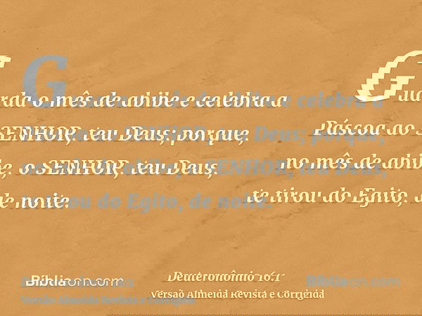 Guarda o mês de abibe e celebra a Páscoa ao SENHOR, teu Deus; porque, no mês de abibe, o SENHOR, teu Deus, te tirou do Egito, de noite.