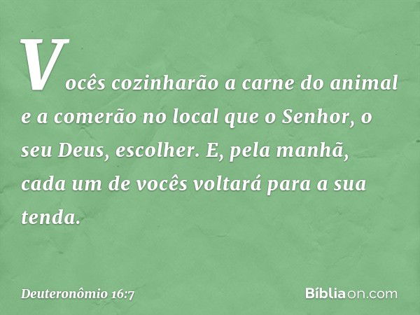 Vocês cozinharão a carne do animal e a comerão no local que o Senhor, o seu Deus, escolher. E, pela manhã, cada um de vocês voltará para a sua tenda. -- Deutero