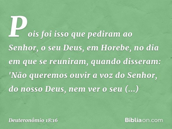 Pois foi isso que pediram ao Senhor, o seu Deus, em Horebe, no dia em que se reuniram, quando disseram: 'Não queremos ouvir a voz do Senhor, do nosso Deus, nem 