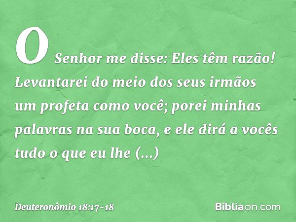 "O Senhor me disse: 'Eles têm razão! Levantarei do meio dos seus irmãos um profeta como você; porei minhas palavras na sua boca, e ele dirá a vocês tudo o que e