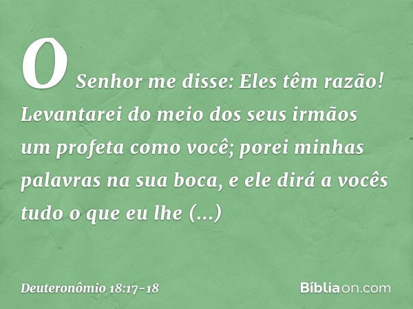 "O Senhor me disse: 'Eles têm razão! Levantarei do meio dos seus irmãos um profeta como você; porei minhas palavras na sua boca, e ele dirá a vocês tudo o que e