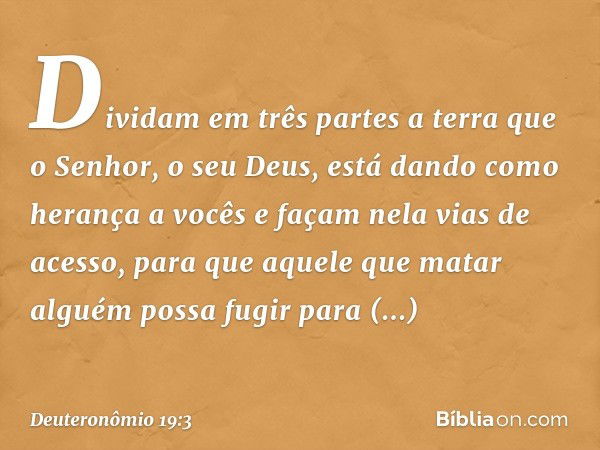 Dividam em três partes a terra que o Senhor, o seu Deus, está dando como herança a vocês e façam nela vias de acesso, para que aquele que matar alguém possa fug