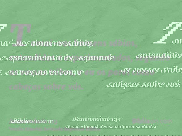 Tomai-vos homens sábios, entendidos e experimentados, segundo as vossas tribos, e eu os porei como cabeças sobre vós.