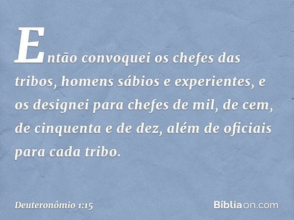 "Então convoquei os chefes das tribos, homens sábios e experientes, e os designei para chefes de mil, de cem, de cinquenta e de dez, além de oficiais para cada 