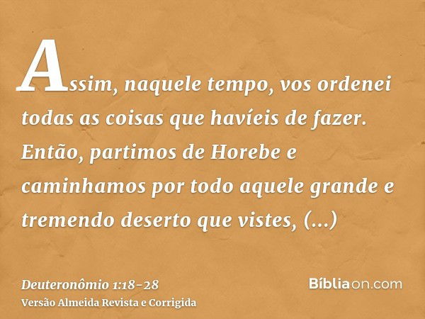 Assim, naquele tempo, vos ordenei todas as coisas que havíeis de fazer.Então, partimos de Horebe e caminhamos por todo aquele grande e tremendo deserto que vist