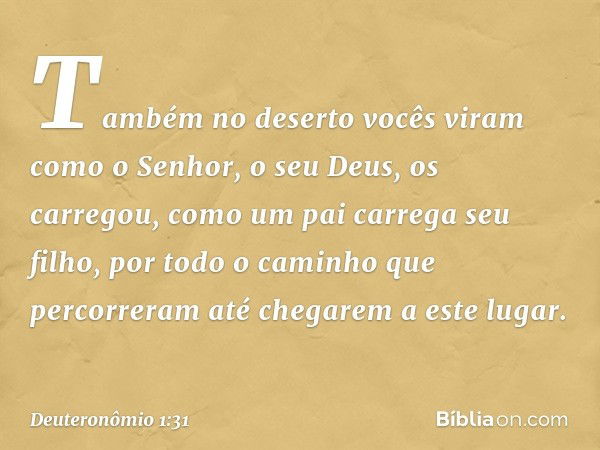 Também no deserto vocês viram como o Senhor, o seu Deus, os carregou, como um pai carrega seu filho, por todo o caminho que percorreram até chegarem a este luga